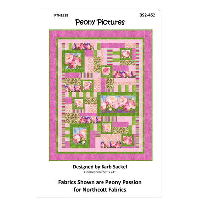 Quilt pattern cover with floral design and 'Peony Pictures' branding