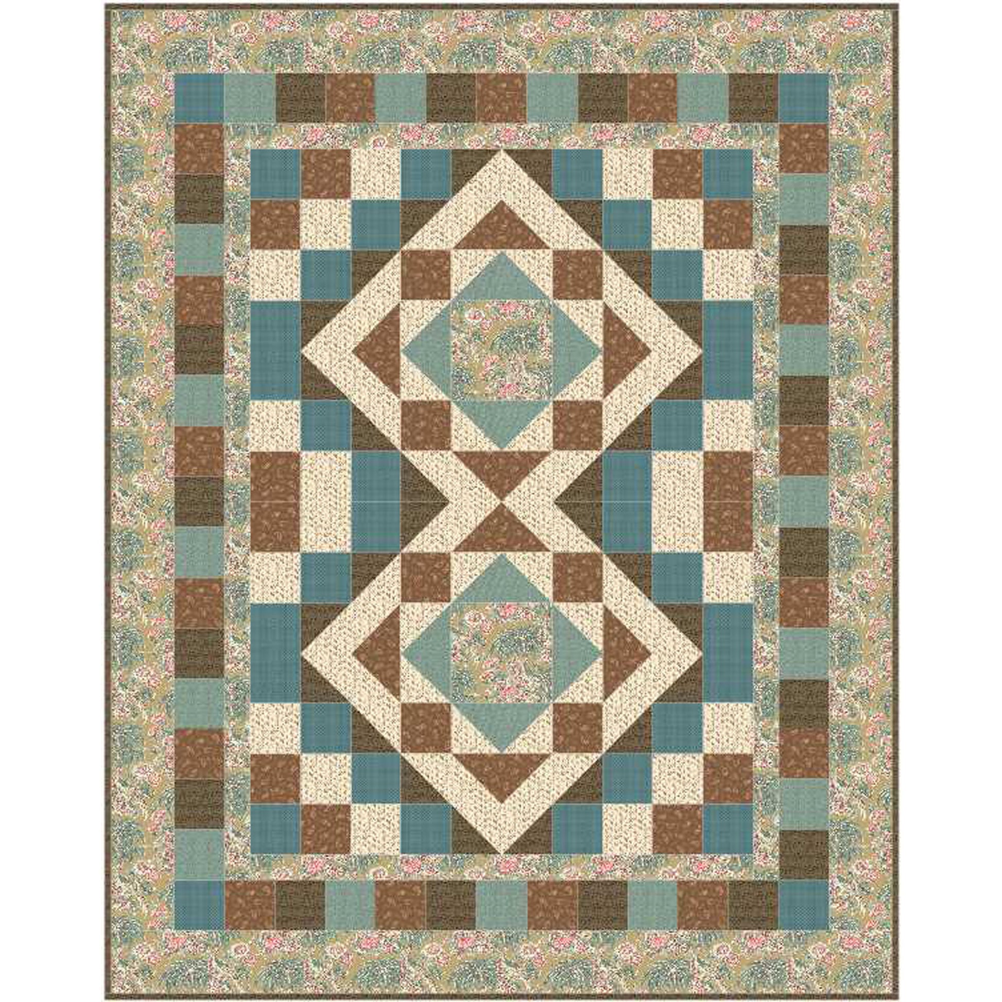 Quilt with geometric pattern in brown, blue, and beige colors on a floral border.