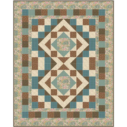 Quilt with geometric pattern in brown, blue, and beige colors on a floral border.