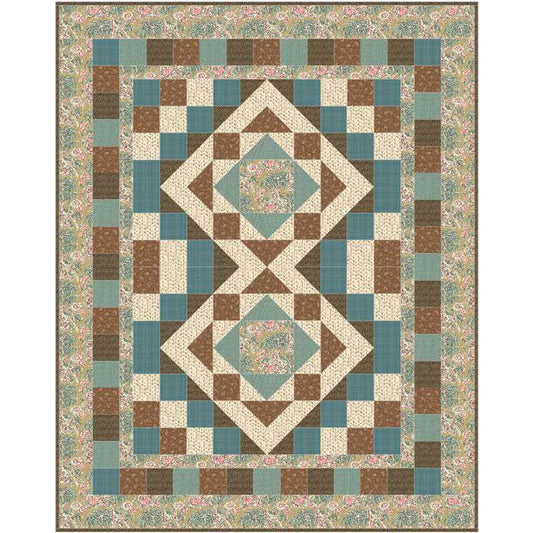 Quilt with geometric pattern in brown, blue, and beige colors on a floral border.