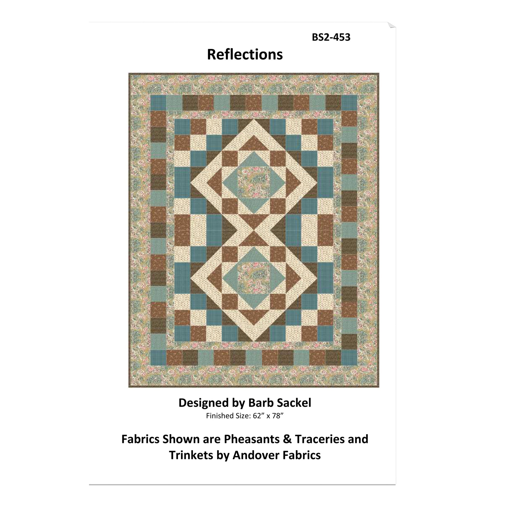 Quilt pattern titled 'Reflections' designed by Barb Sackel, featuring a geometric diamond pattern.