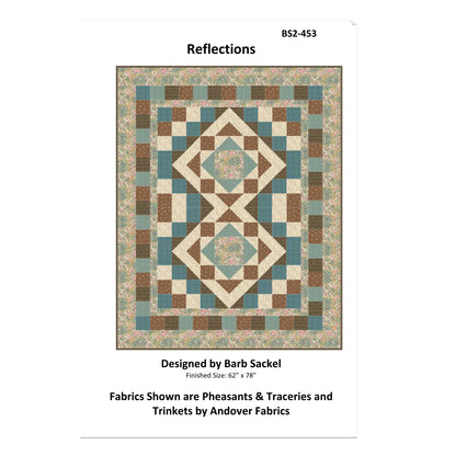 Quilt pattern titled 'Reflections' designed by Barb Sackel, featuring a geometric diamond pattern.