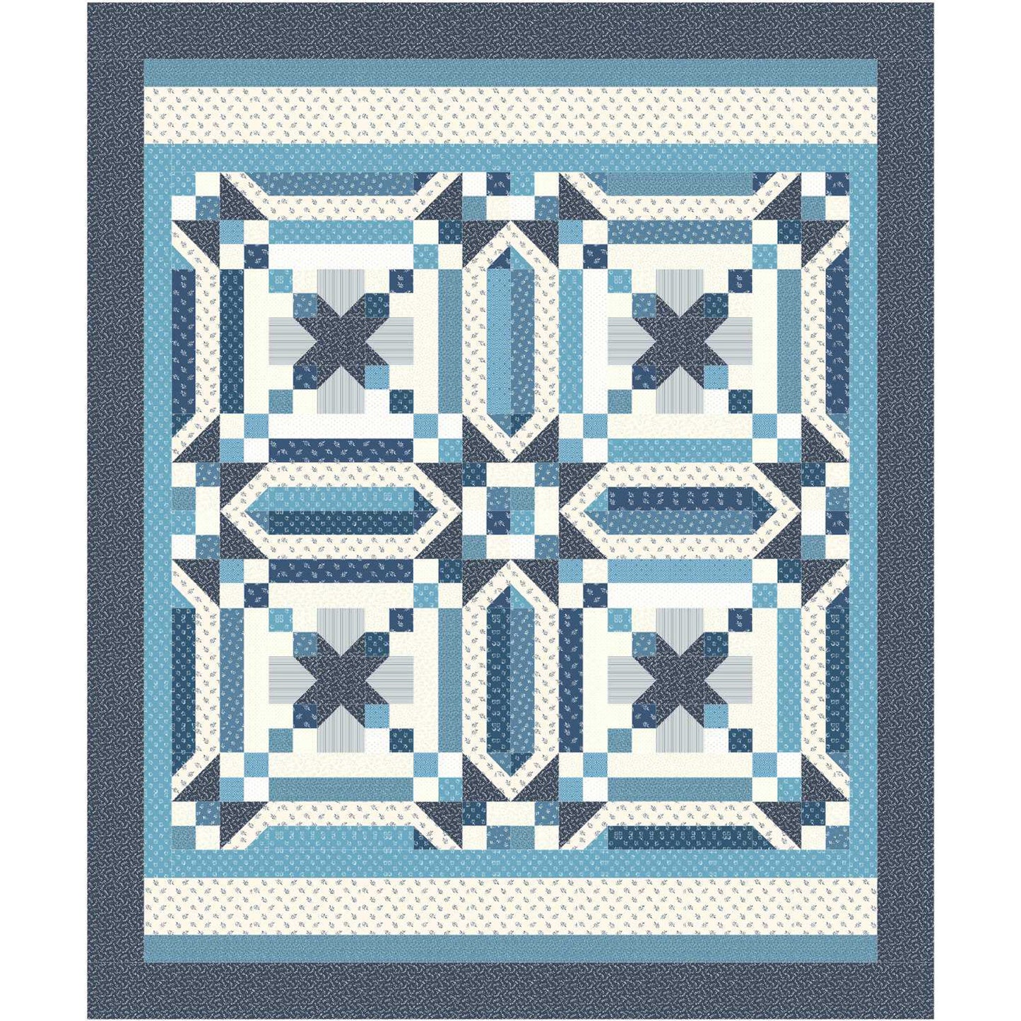 Quilt with blue and white geometric pattern on a white background