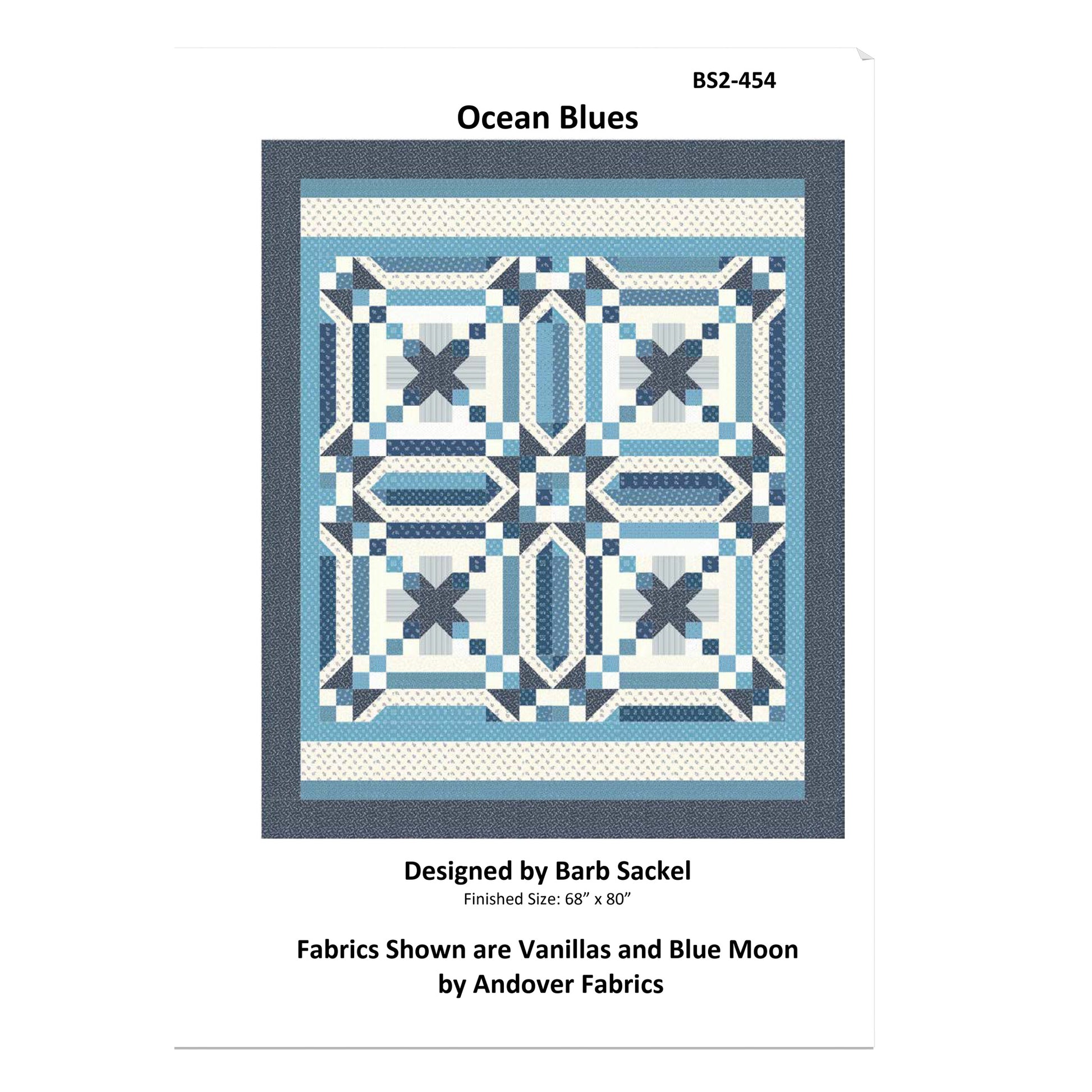 Quilt pattern cover titled 'Ocean Blues' by Barb Sackel with fabric information.