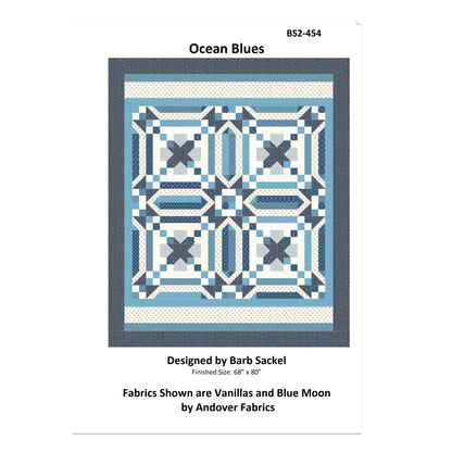 Quilt pattern cover titled 'Ocean Blues' by Barb Sackel with fabric information.