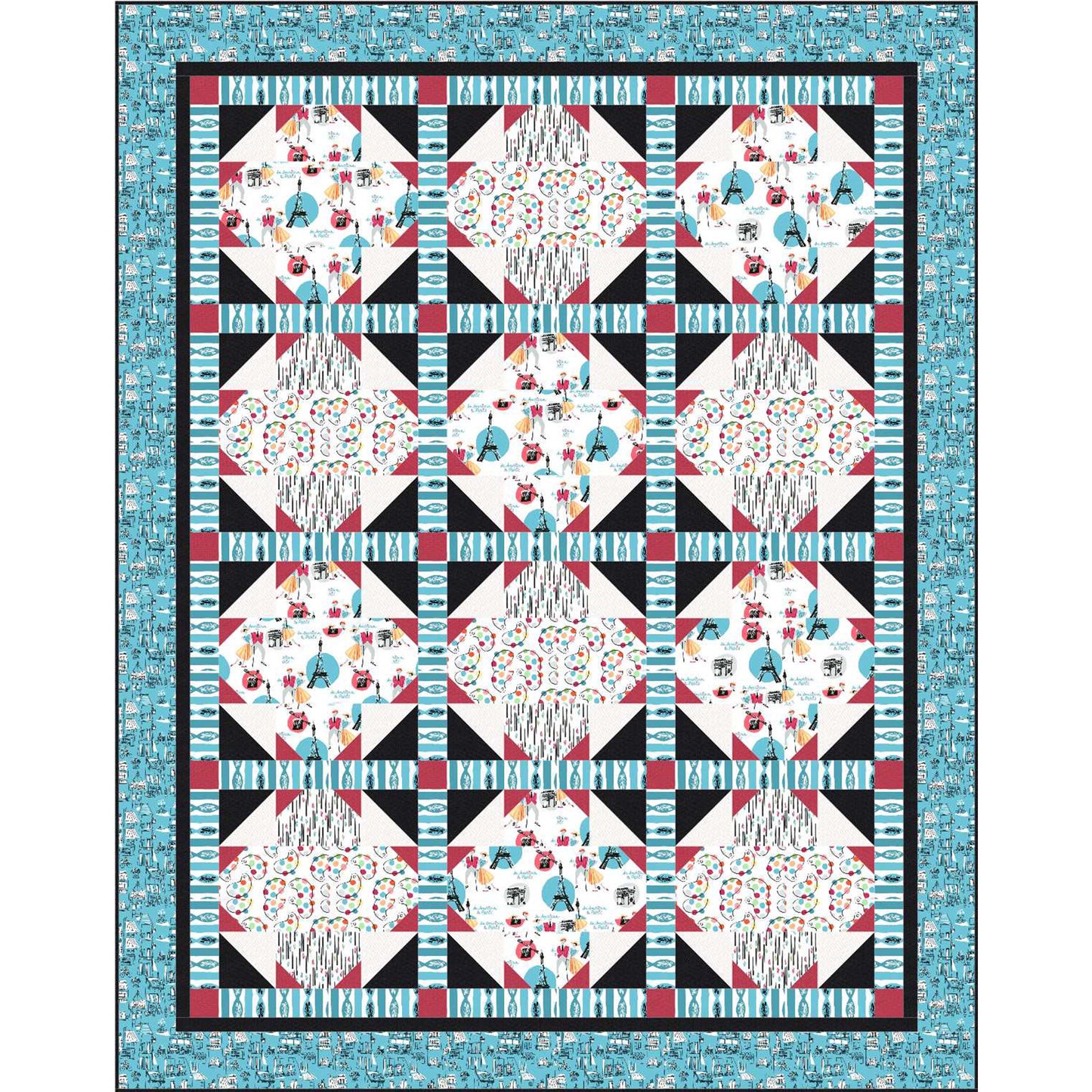 Quilt with geometric pattern featuring colorful shapes on a blue border
