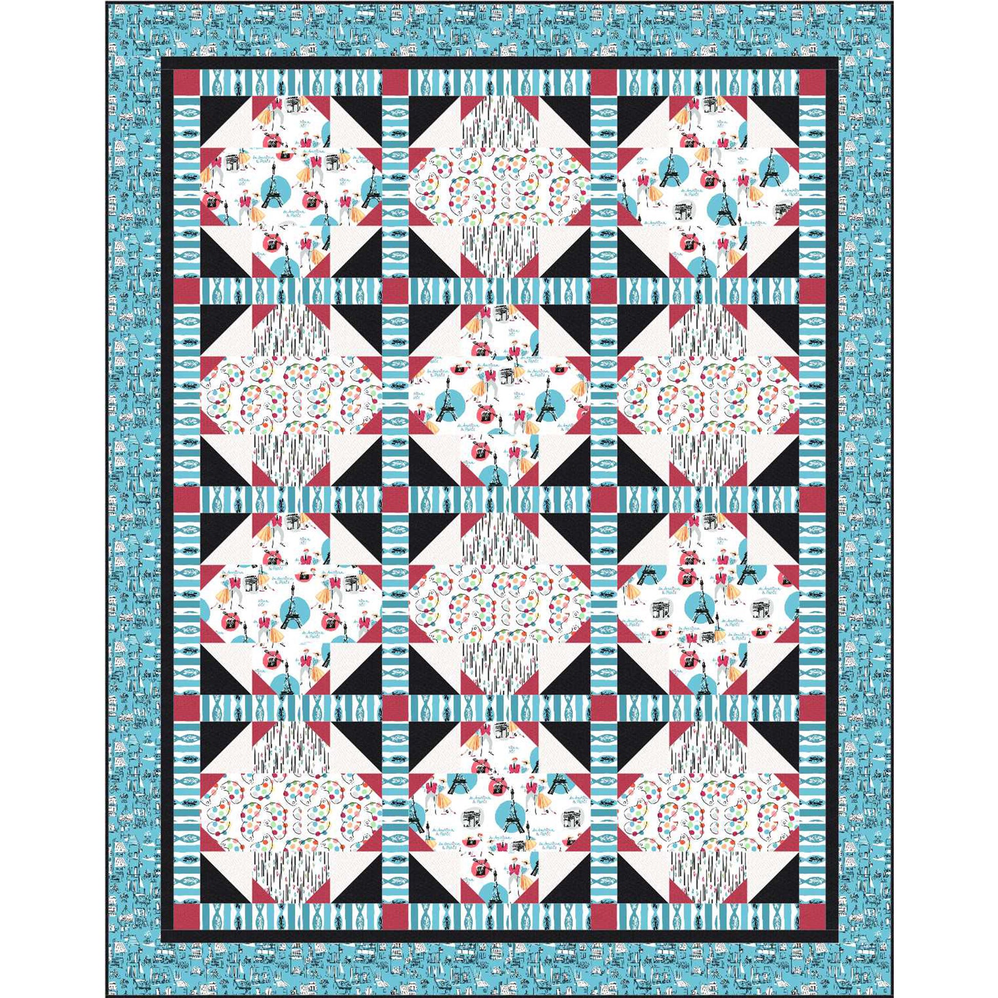 Quilt with geometric pattern featuring colorful shapes on a blue border