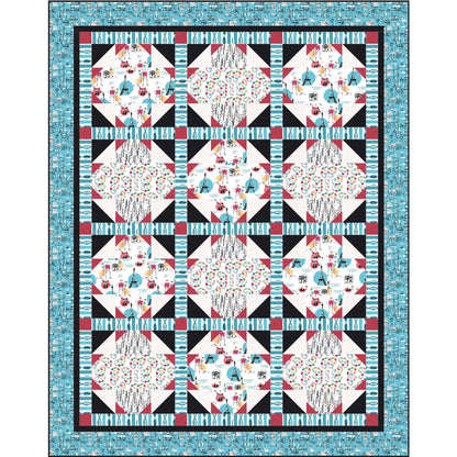 Quilt with geometric pattern featuring colorful shapes on a blue border