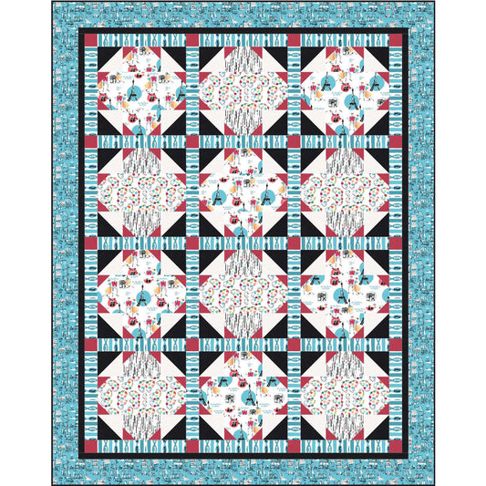 Quilt with geometric pattern featuring colorful shapes on a blue border