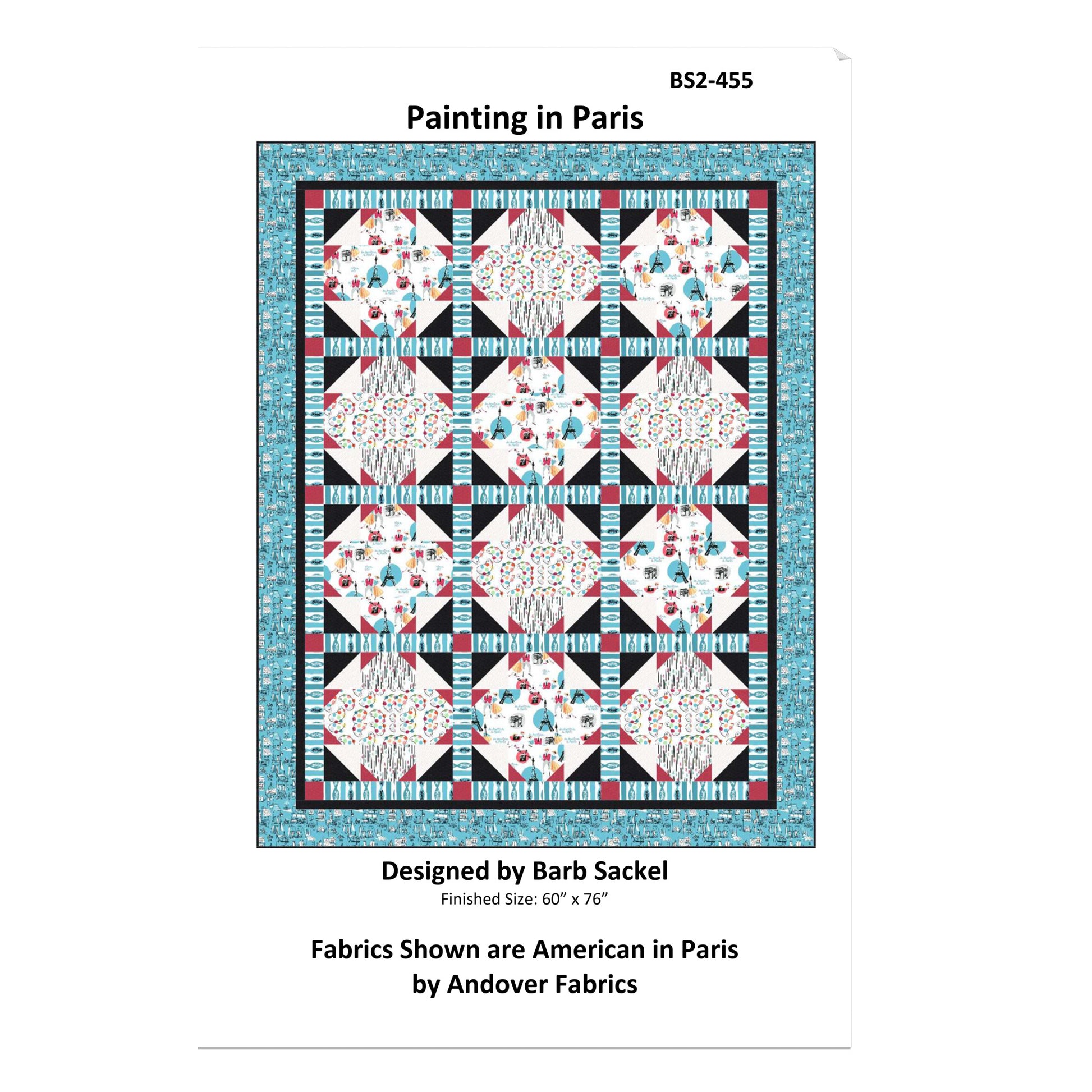 Quilt pattern cover titled 'Painting in Paris' designed by Barb Sackel, featuring a geometric quilt design.