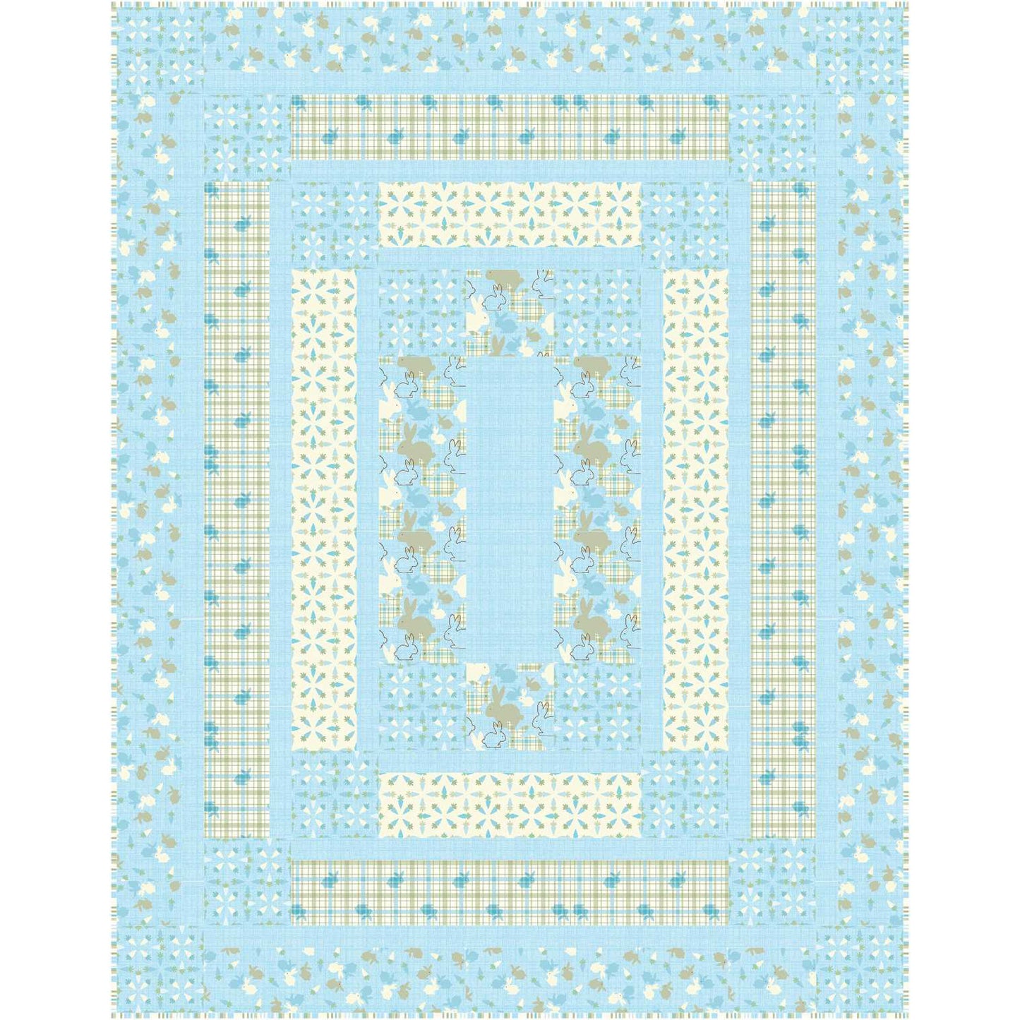 Quilt pattern with geometric shapes and floral elements on a light blue background