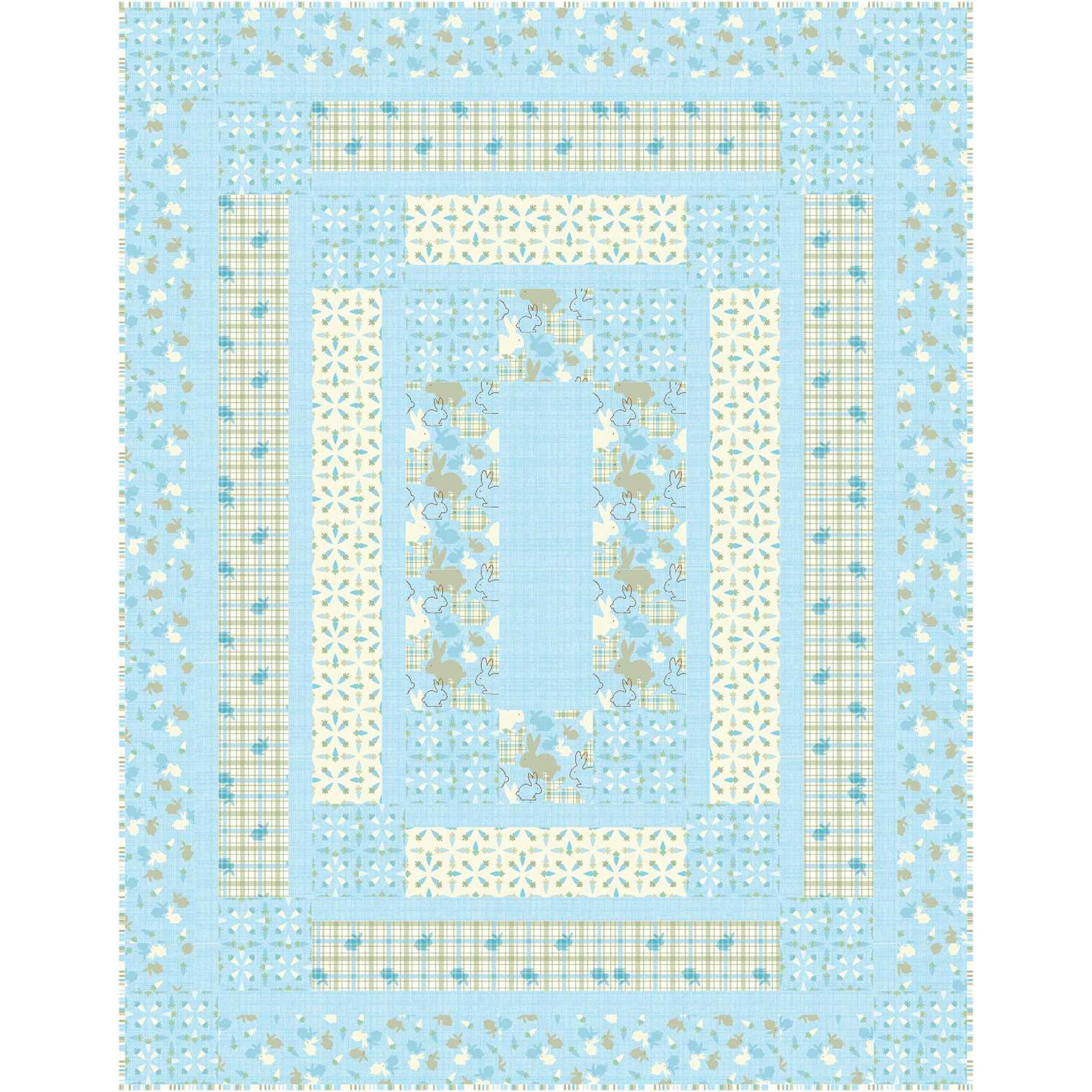 Quilt pattern with geometric shapes and floral elements on a light blue background