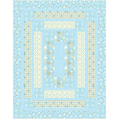 Quilt pattern with geometric shapes and floral elements on a light blue background