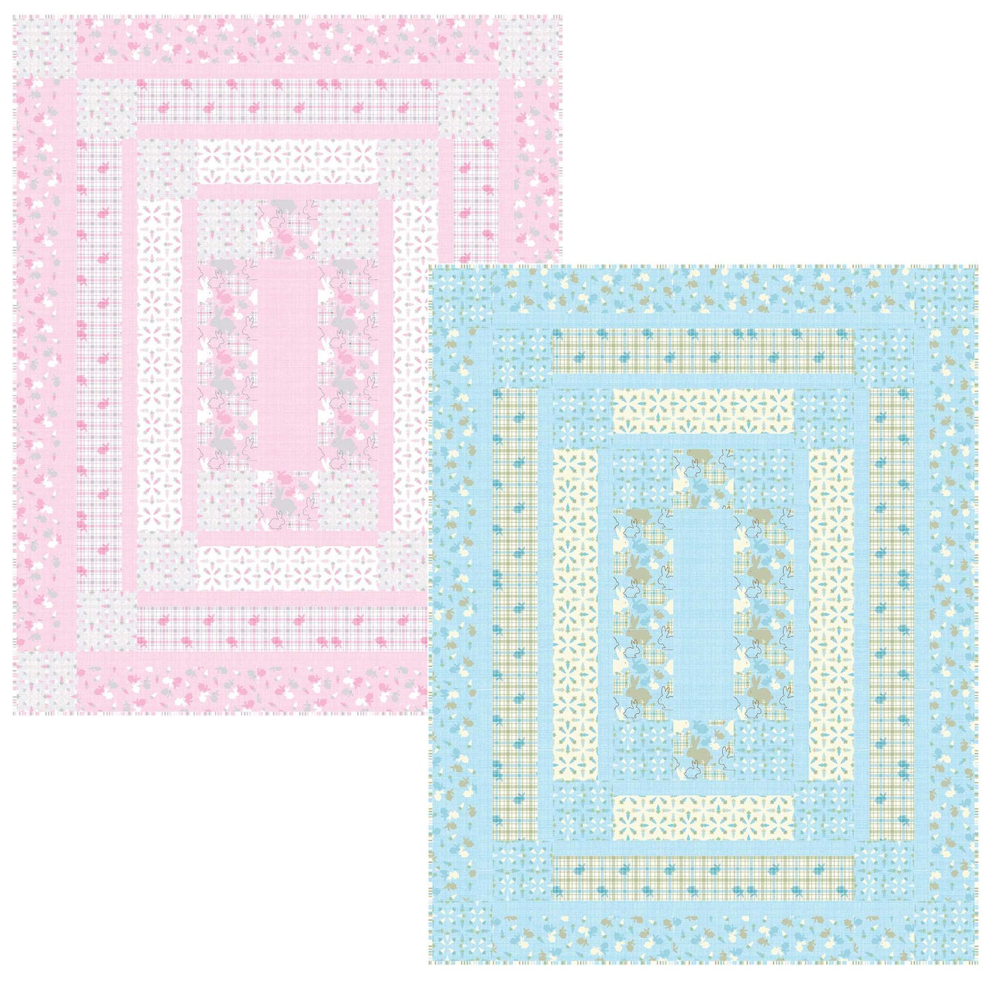 Two cross-stitch patterns on pink and blue fabric backgrounds