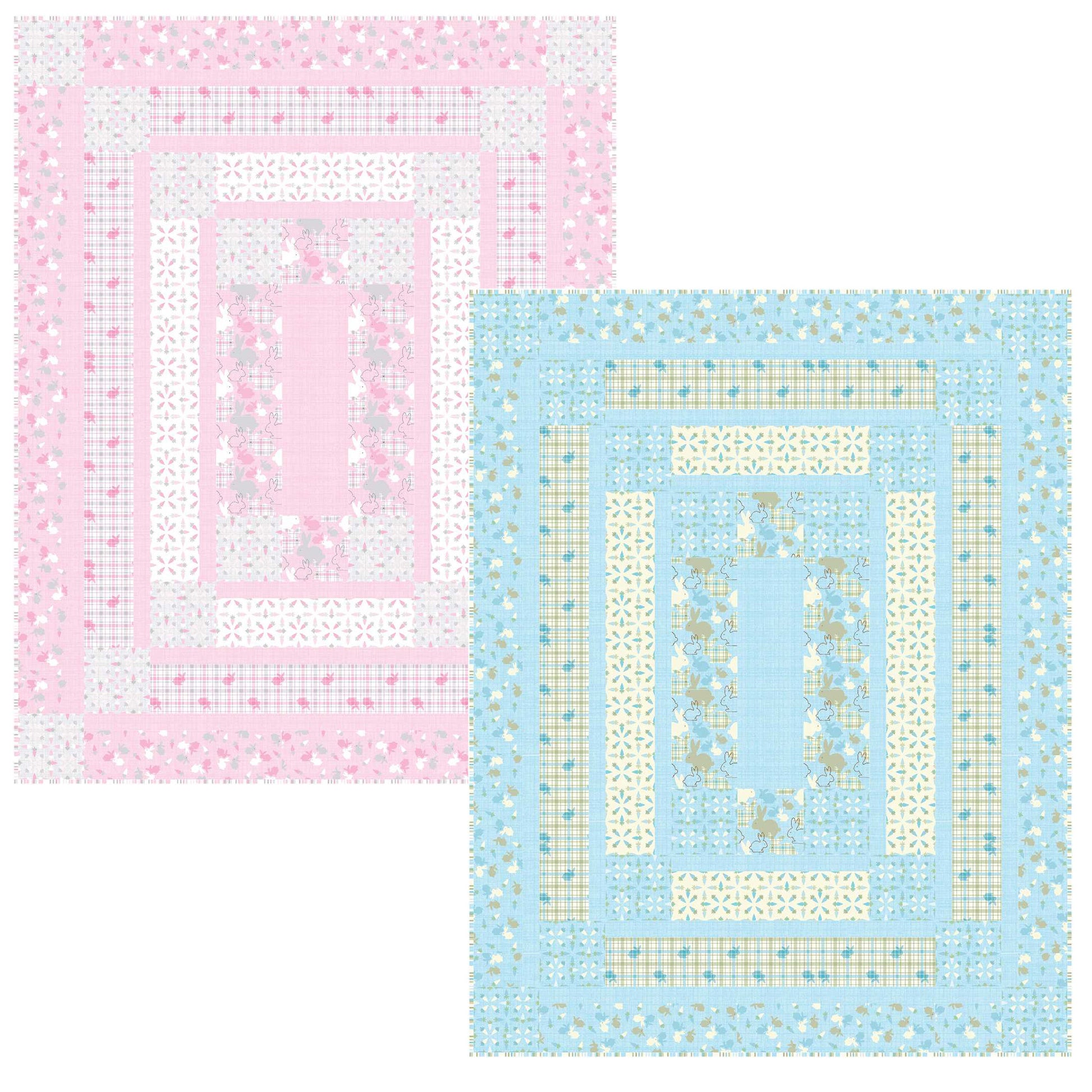 Two cross-stitch patterns on pink and blue fabric backgrounds