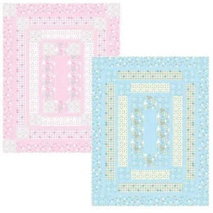 Two cross-stitch patterns on pink and blue fabric backgrounds