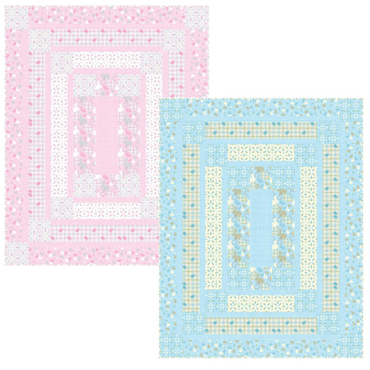 Two cross-stitch patterns on pink and blue fabric backgrounds