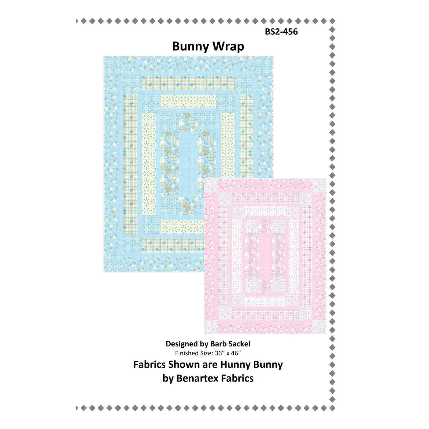 Bunny Wrap fabric design with blue and pink patterns on a white background