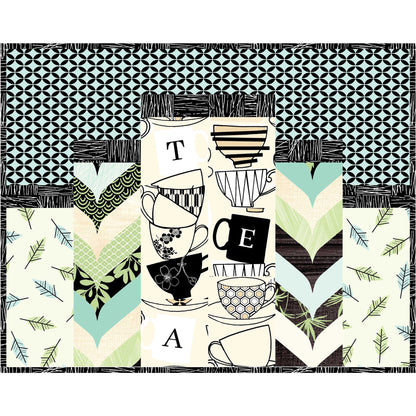 Patterned design with tea cups and geometric shapes on a white background