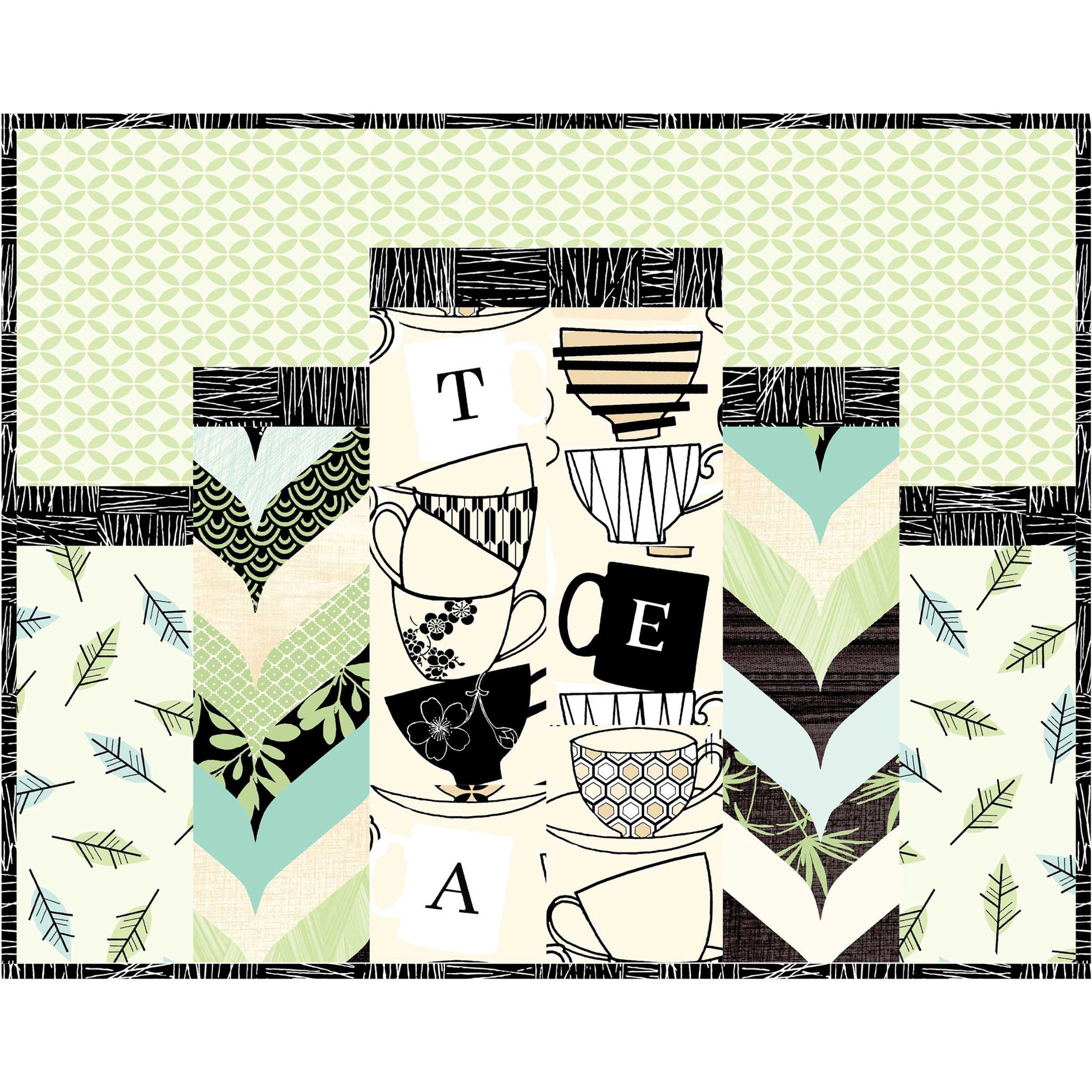 Patterned design with cups and geometric shapes on a light green background