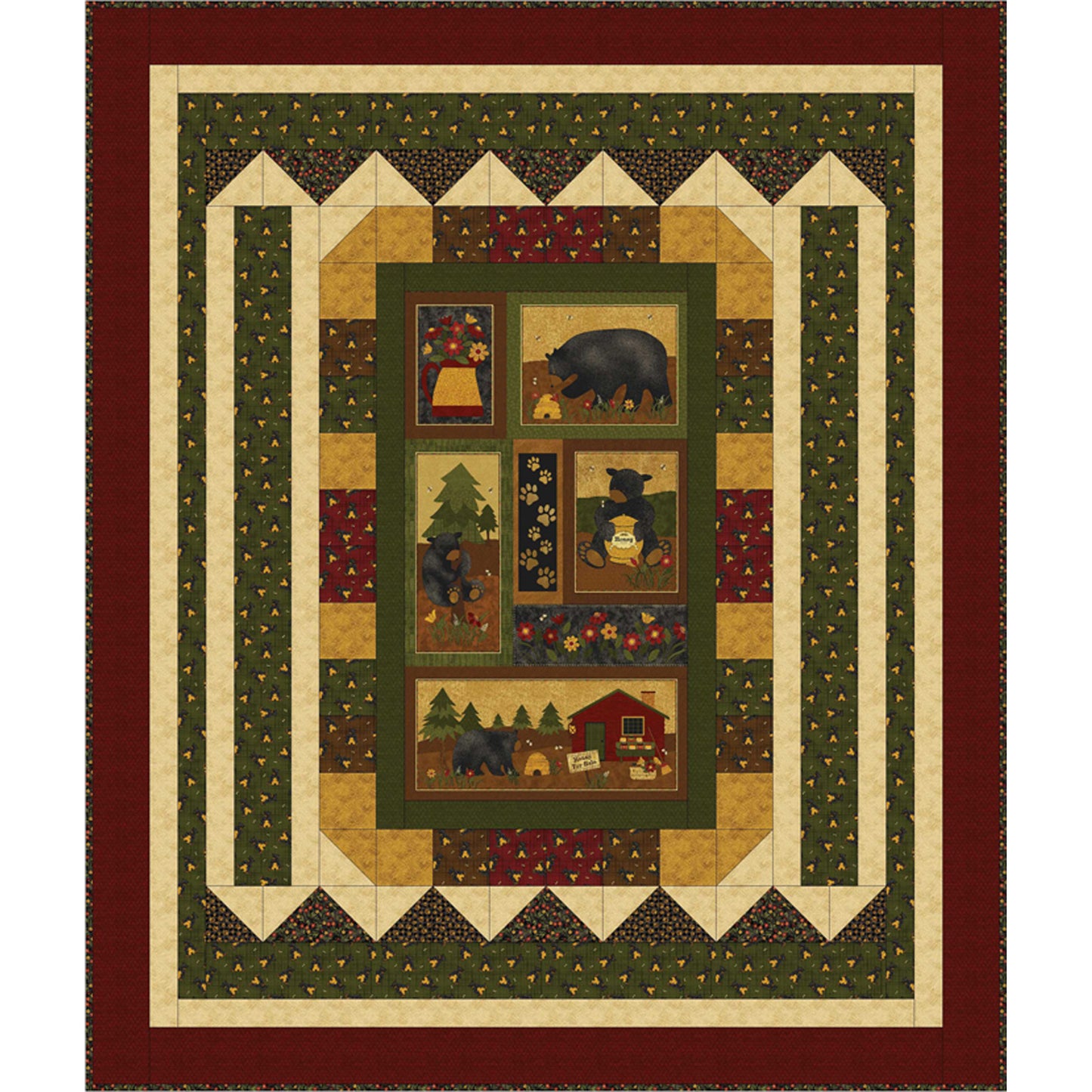 Quilt with bear and cabin design in a geometric pattern