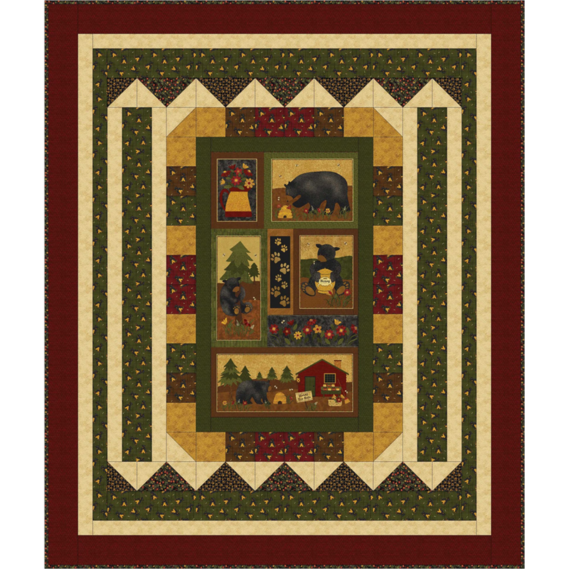 Quilt with bear and cabin design in a geometric pattern