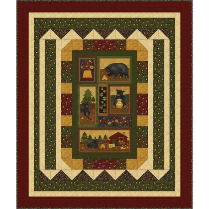 Quilt with bear and cabin design in a geometric pattern