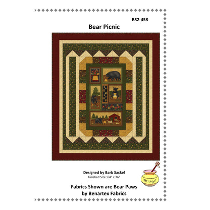 Quilt pattern cover titled 'Bear Picnic' with a bear-themed design on a white background.