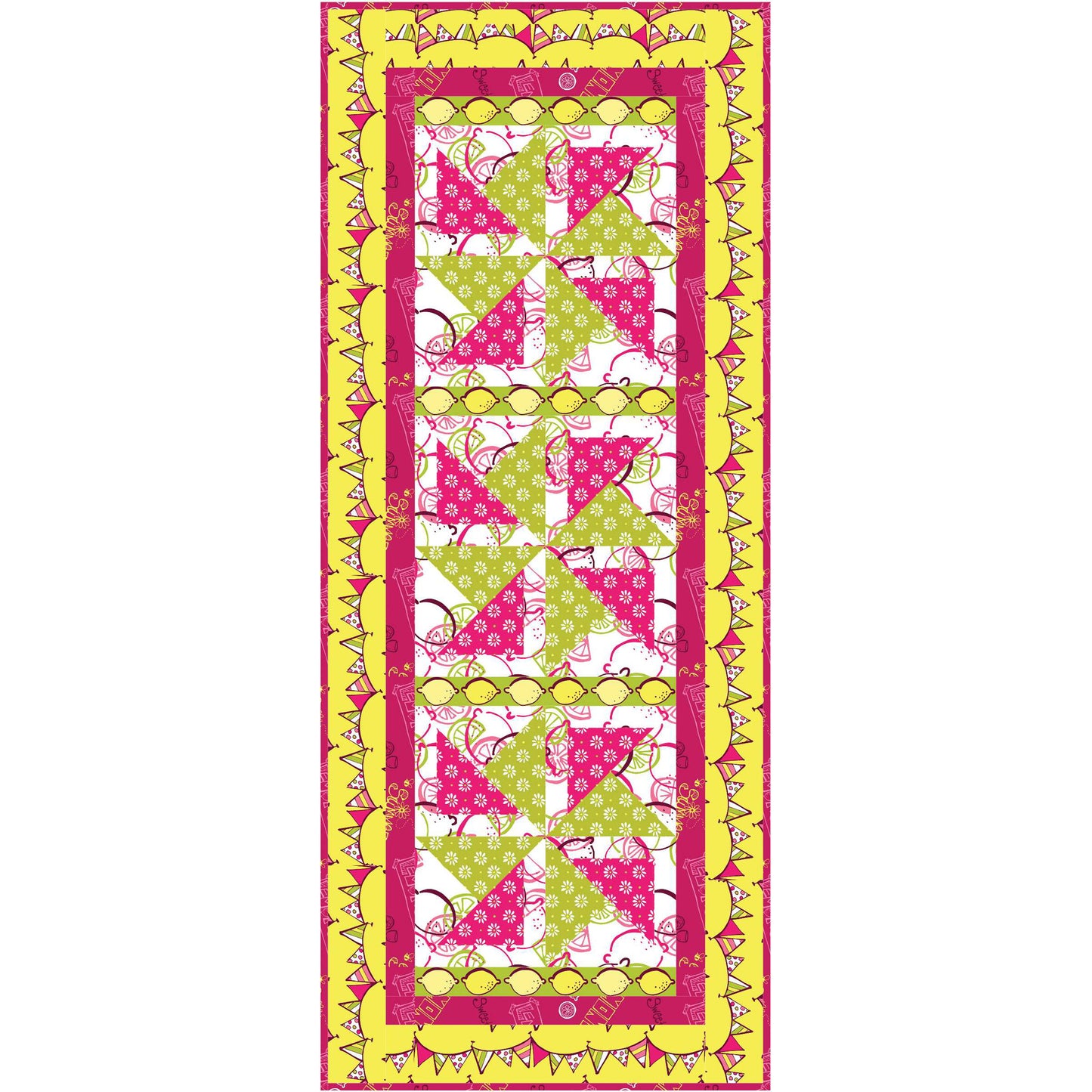 Quilt with colorful geometric table runner pattern on a white background