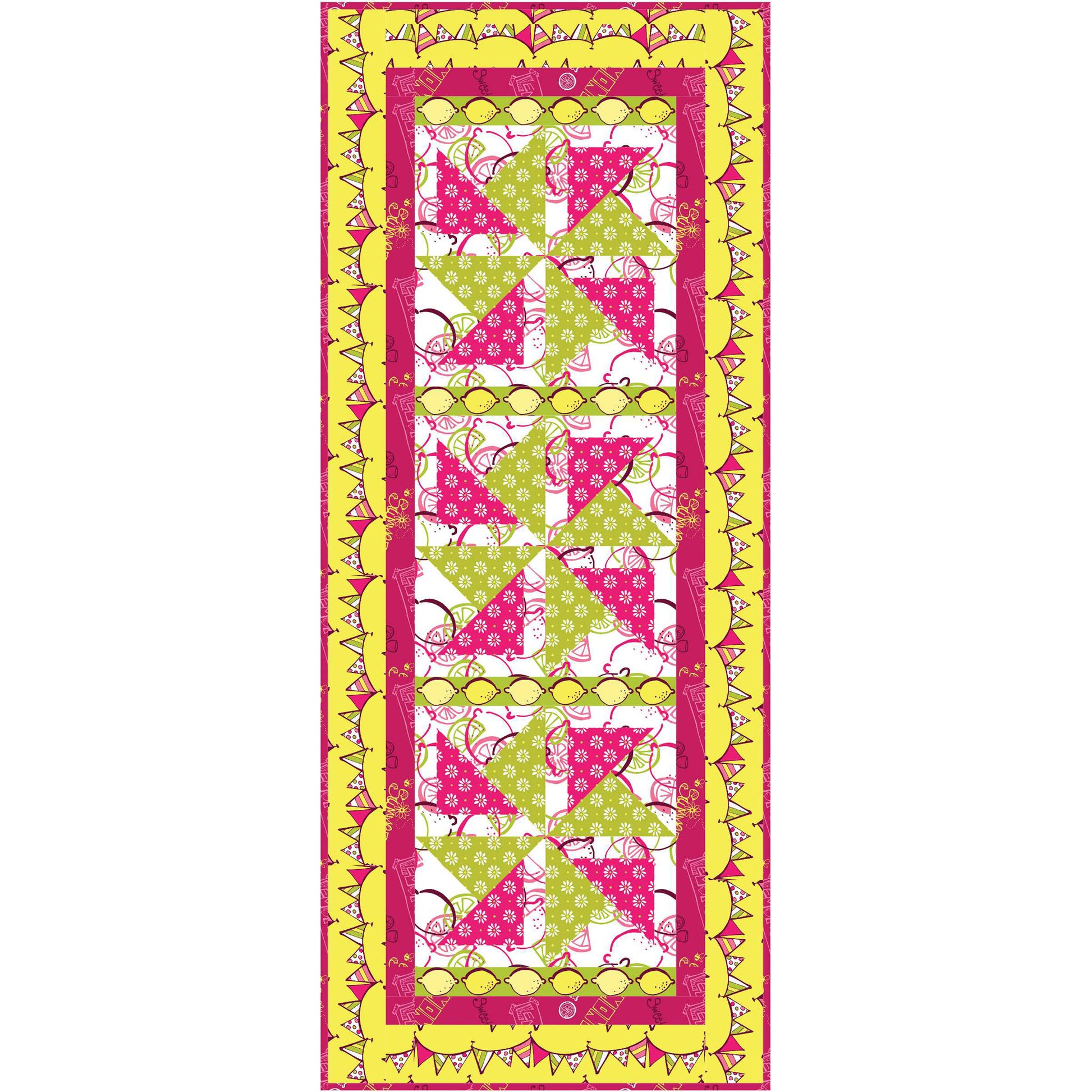 Quilt with colorful geometric table runner pattern on a white background