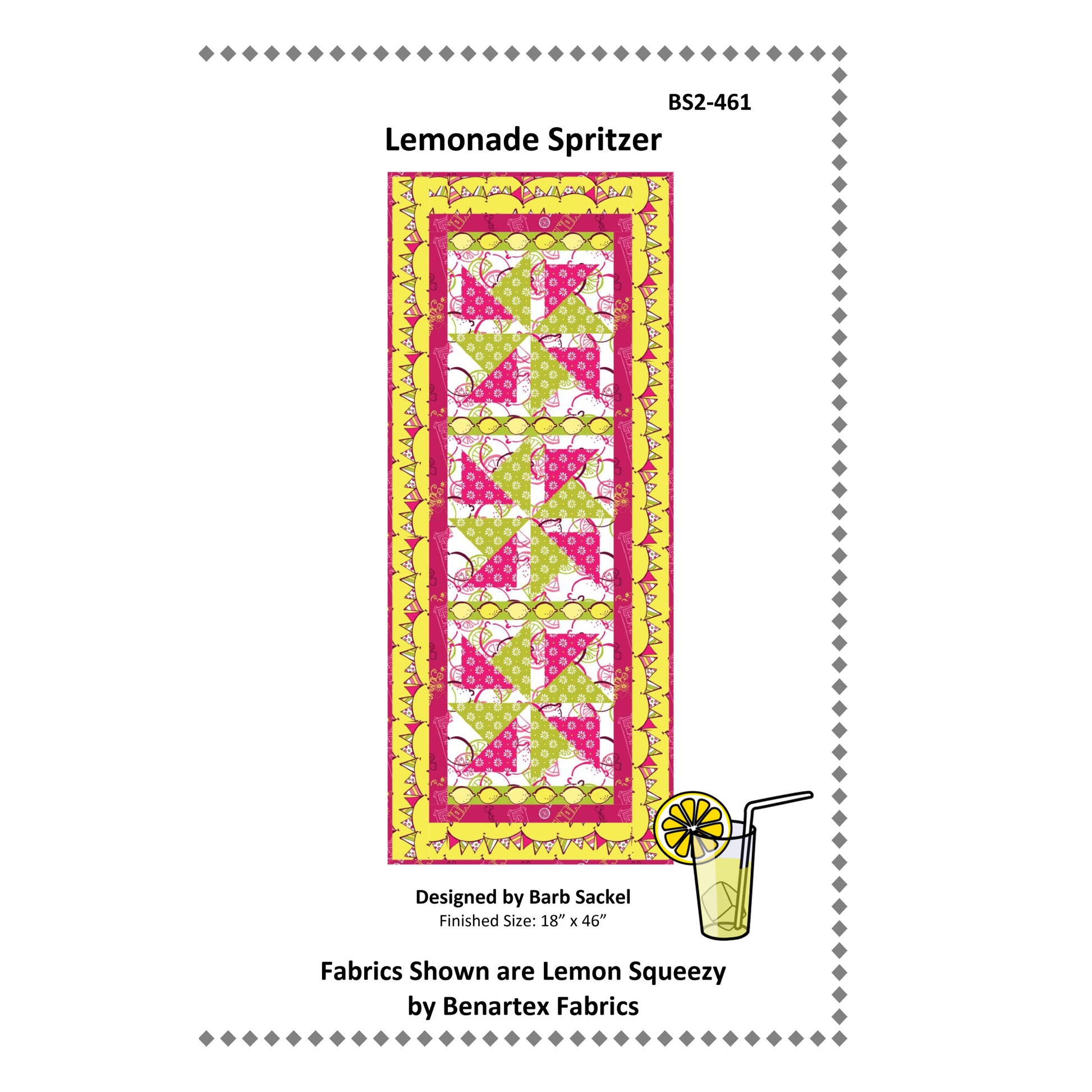 Quilt pattern design for 'Lemonade Spritzer' with colorful fabric design and a lemonade illustration.