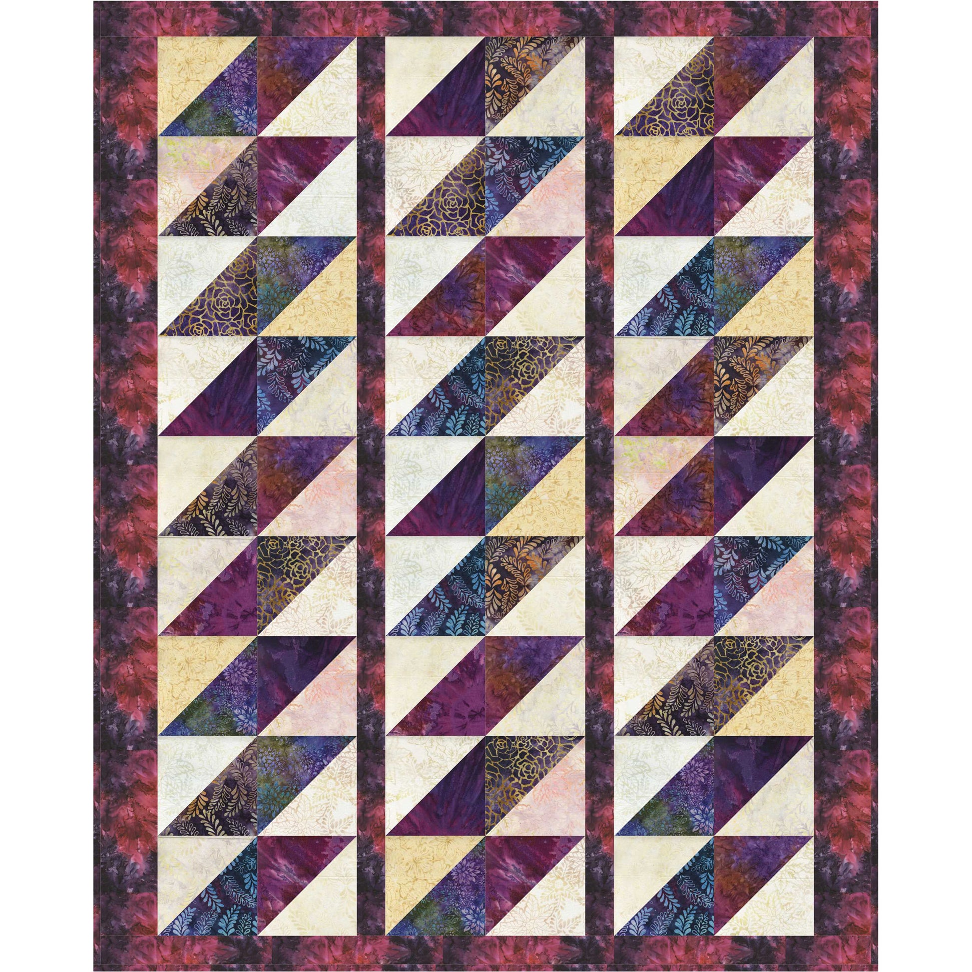 Quilt with geometric triangle pattern in purple, beige, and black on a white background