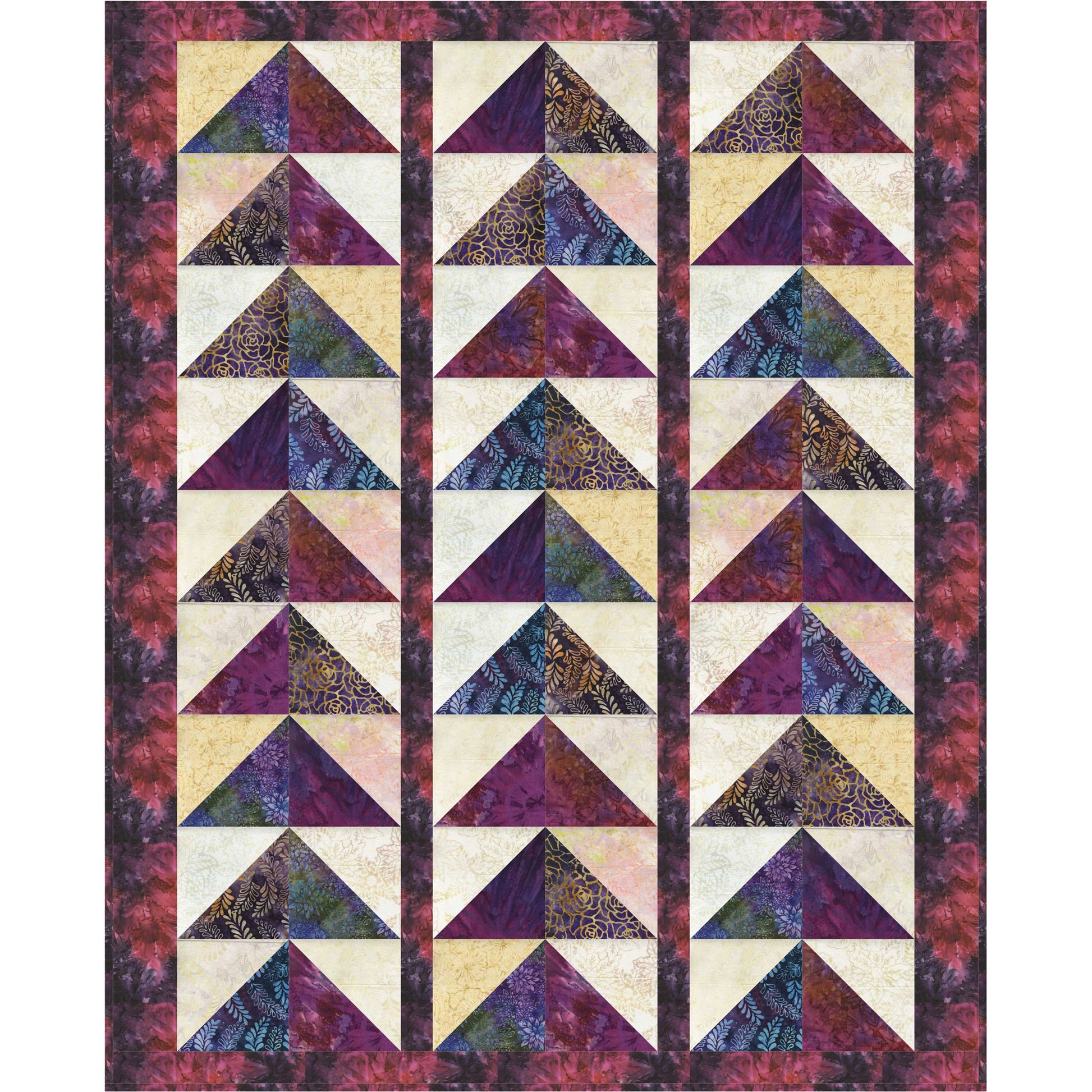 Quilt with triangle pattern in purple, beige, and white on a maroon border