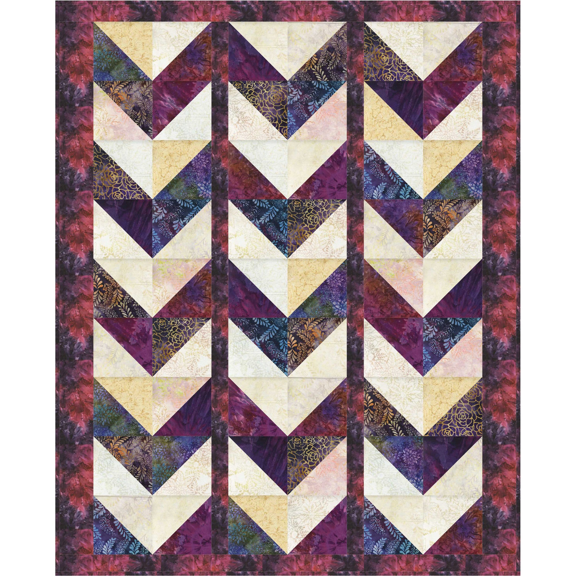 Quilt with chevron pattern in purple, beige, and black on a white background