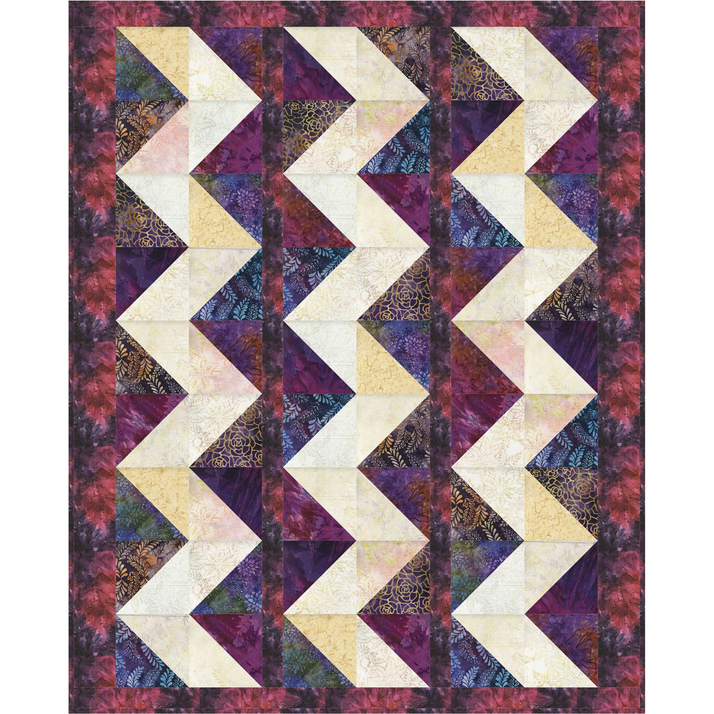 Quilt with chevron pattern in purple, beige, and multicolor fabric on a white background