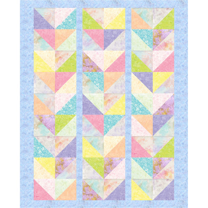Quilt with pastel triangle pattern on a light blue background