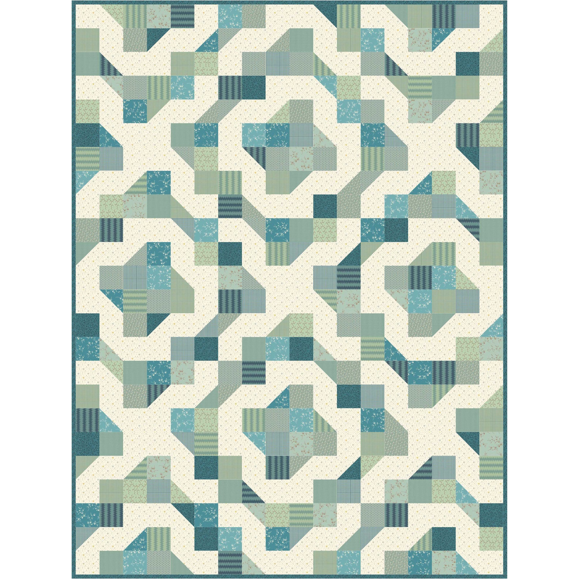 Geometric patterned rug with blue and green colors on a white background
