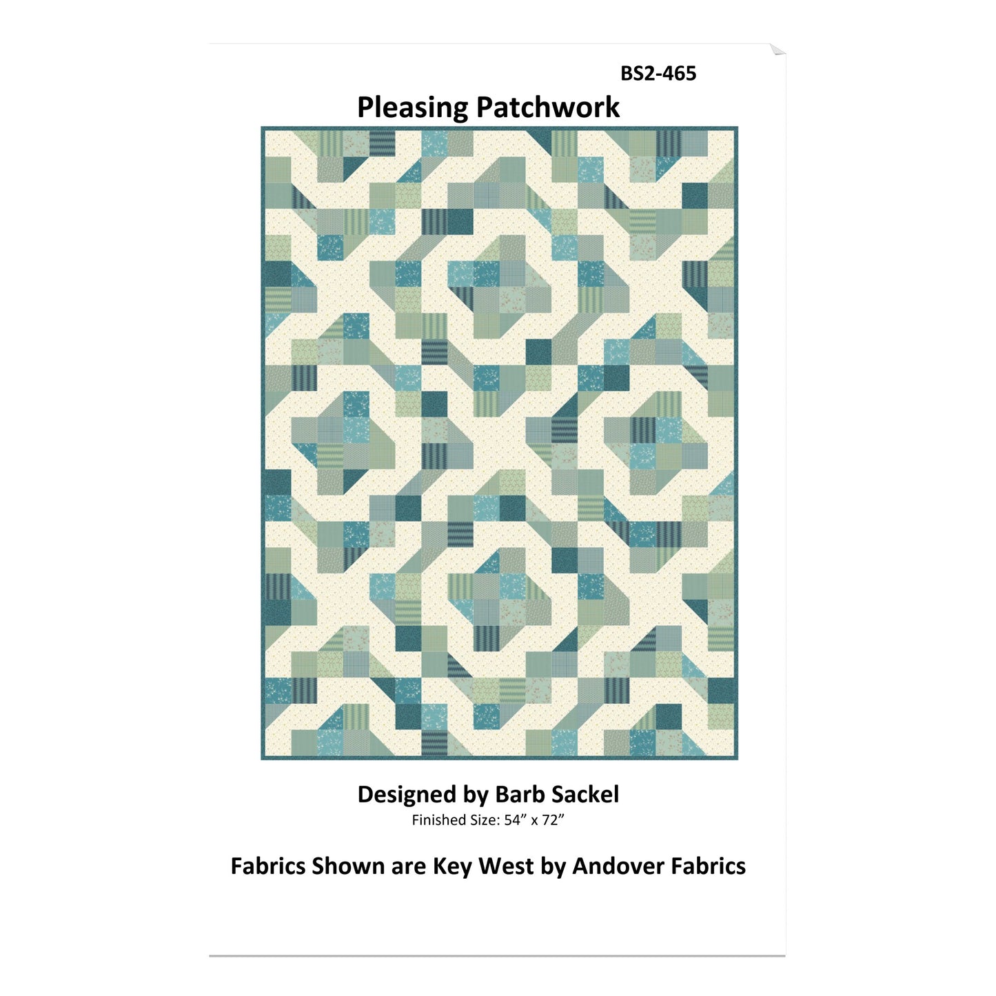 Patterned fabric swatch with geometric design in blue and green on a white background, labeled 'Pleasing Patchwork' by Barb Sackel.