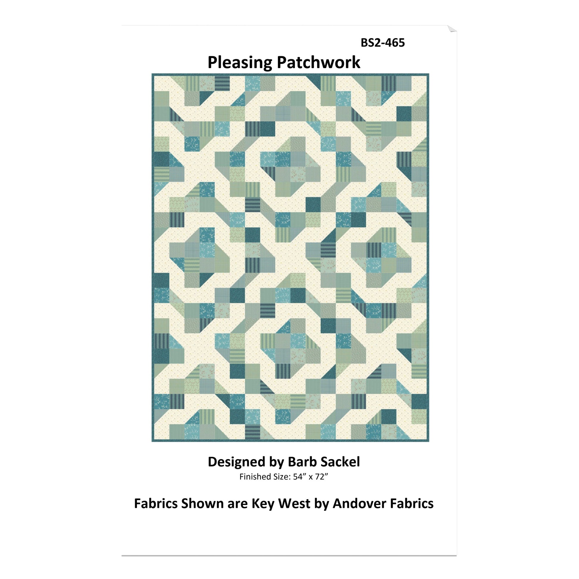 Patterned fabric swatch with geometric design in blue and green on a white background, labeled 'Pleasing Patchwork' by Barb Sackel.