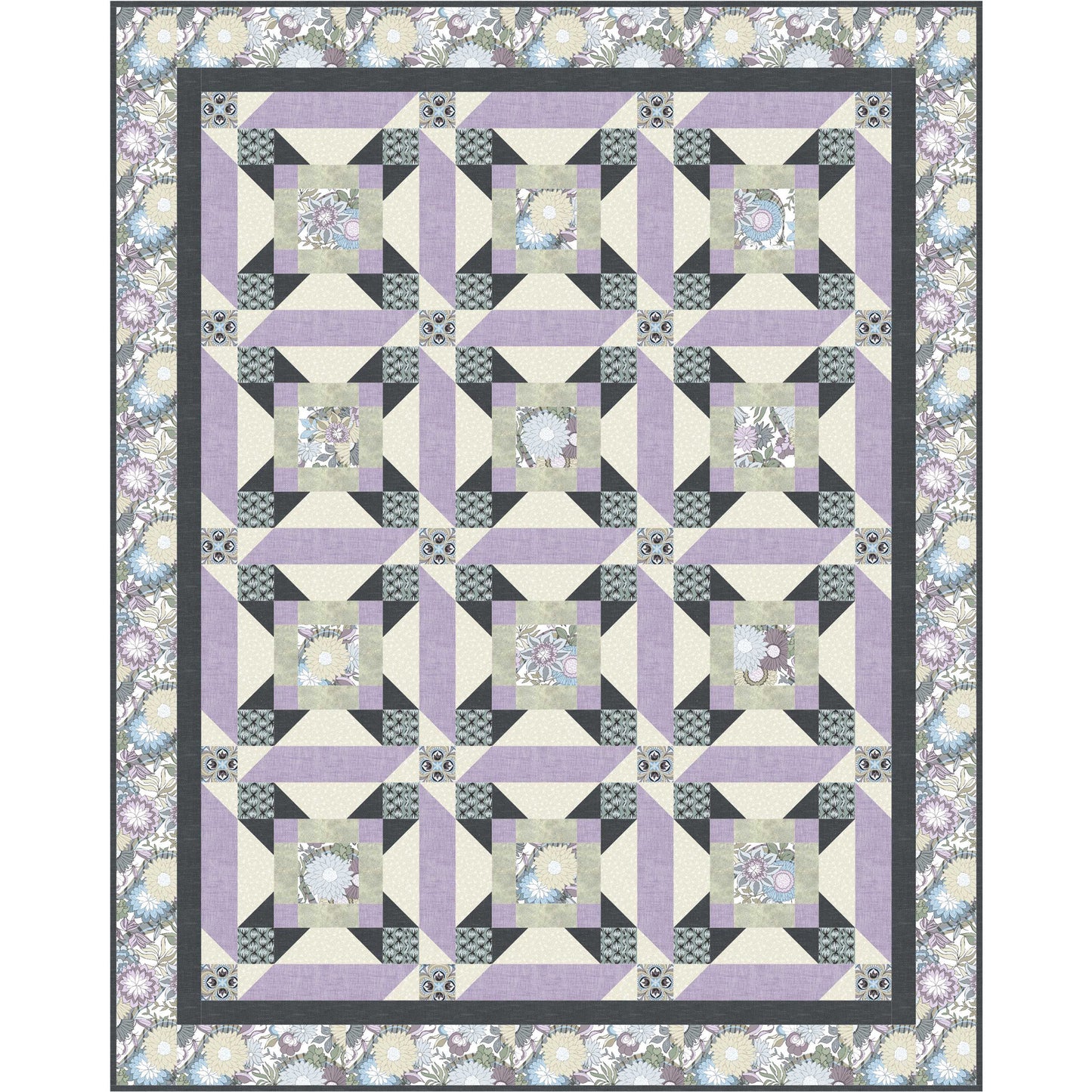 Quilt with geometric pattern featuring purple and gray colors on a white background