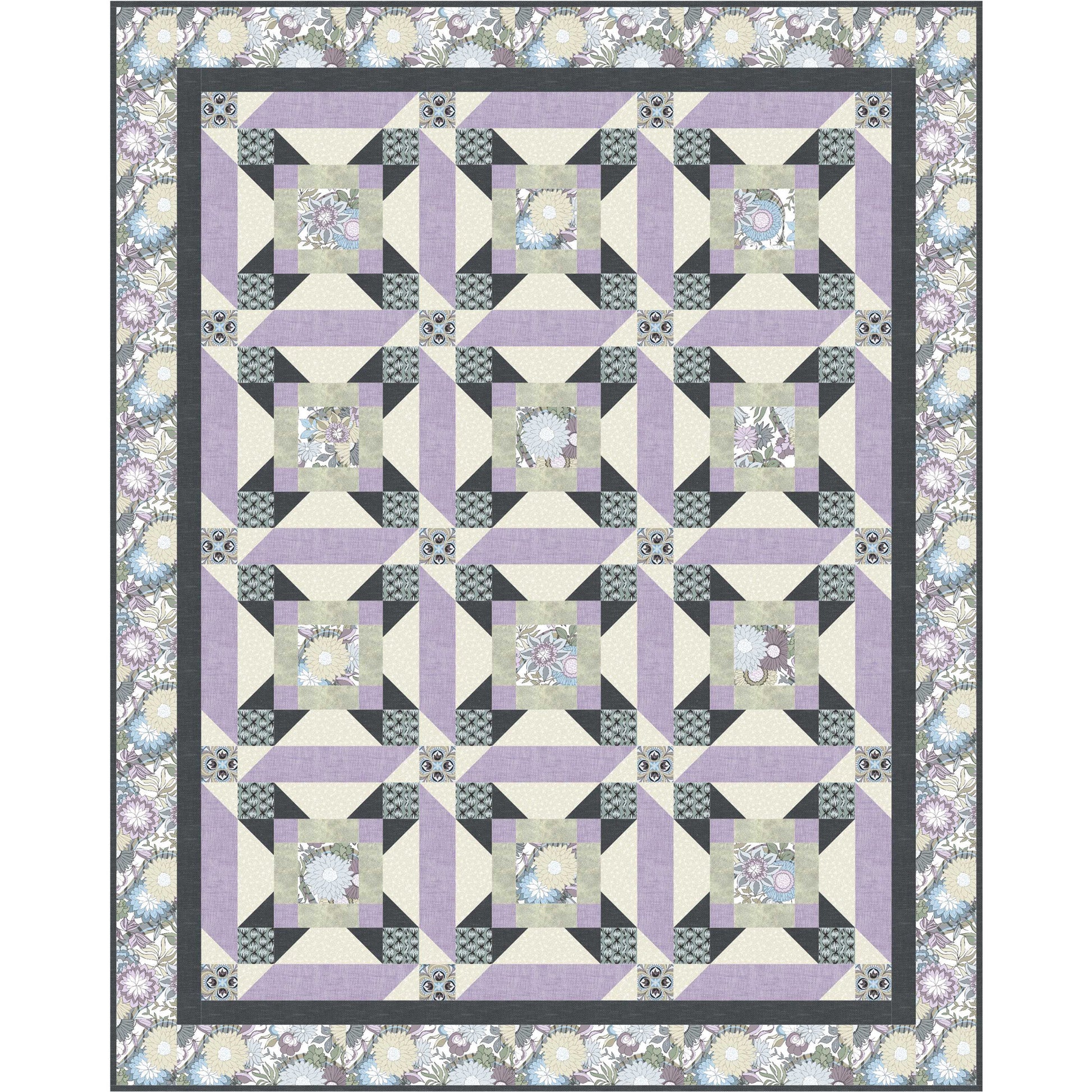 Quilt with geometric pattern featuring purple and gray colors on a white background