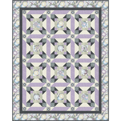 Quilt with geometric pattern featuring purple and gray colors on a white background
