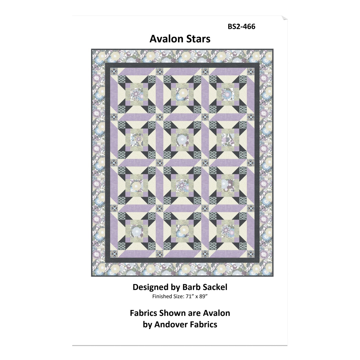 Quilt pattern cover titled 'Avalon Stars' designed by Barb Sackel, featuring a geometric star pattern.