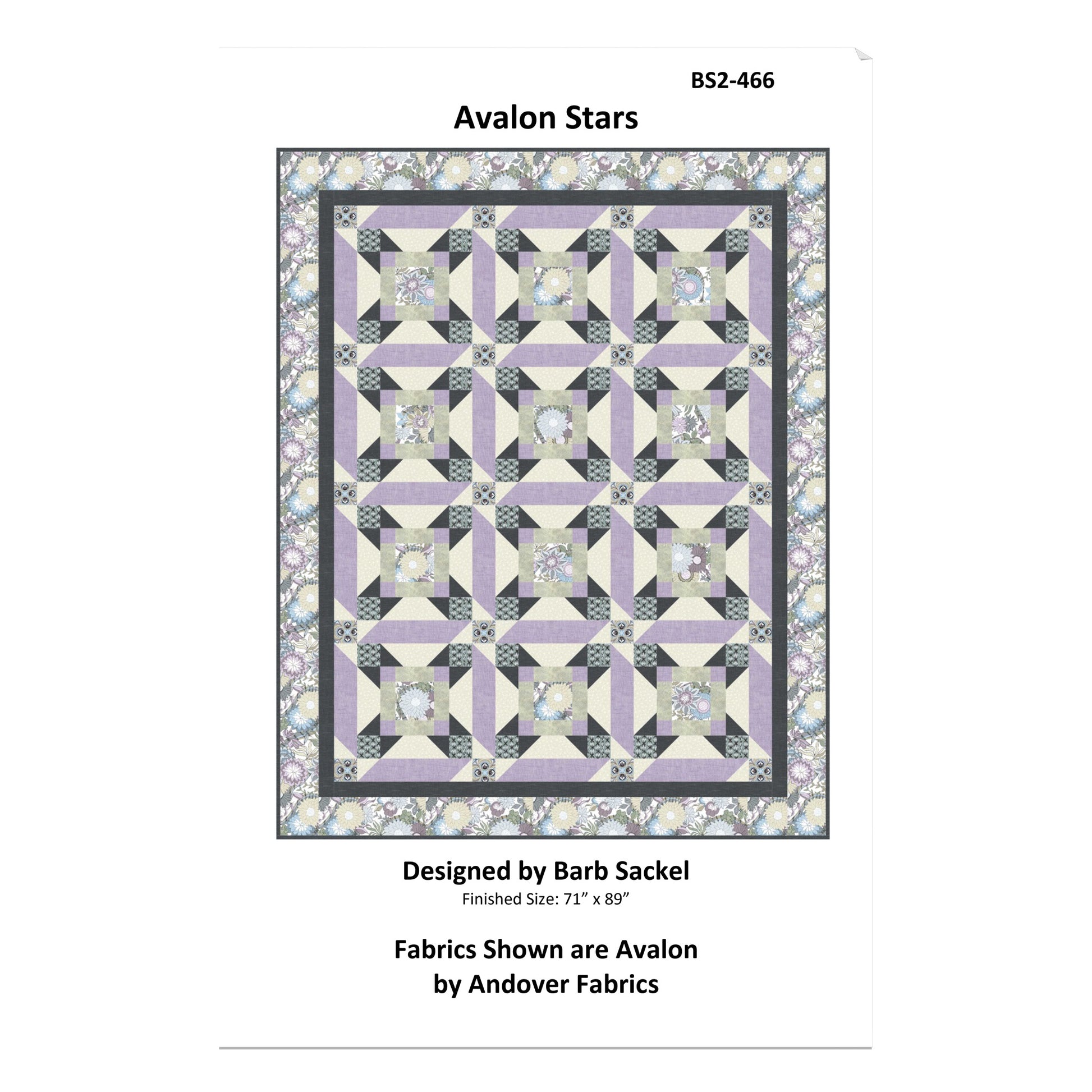 Quilt pattern cover titled 'Avalon Stars' designed by Barb Sackel, featuring a geometric star pattern.