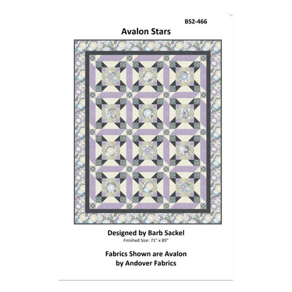 Quilt pattern cover titled 'Avalon Stars' designed by Barb Sackel, featuring a geometric star pattern.