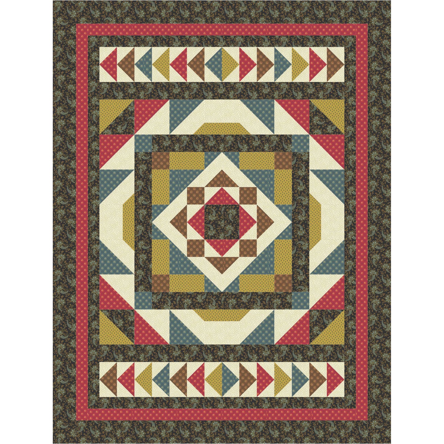 Quilt with geometric pattern featuring a central diamond shape and border