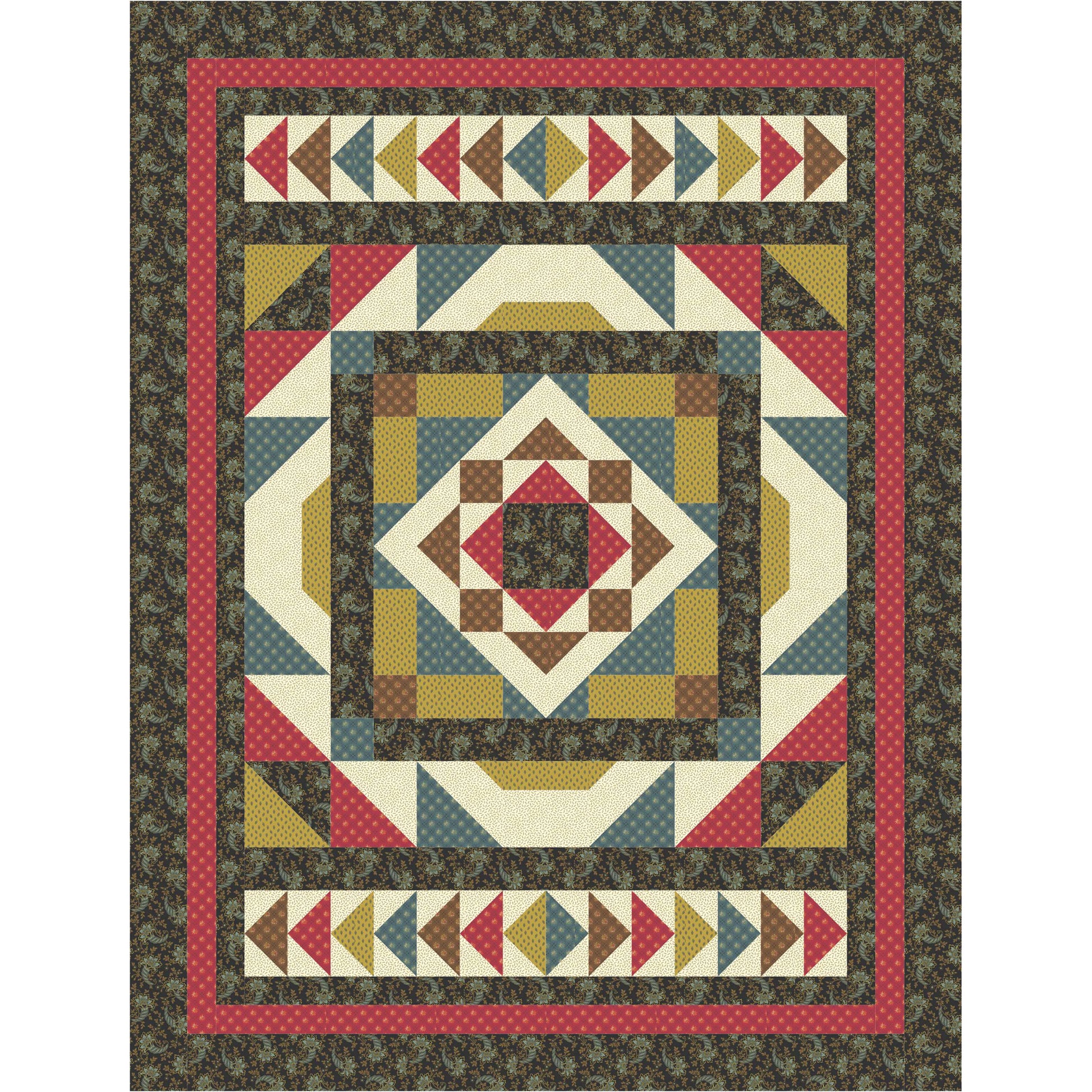 Quilt with geometric pattern featuring a central diamond shape and border
