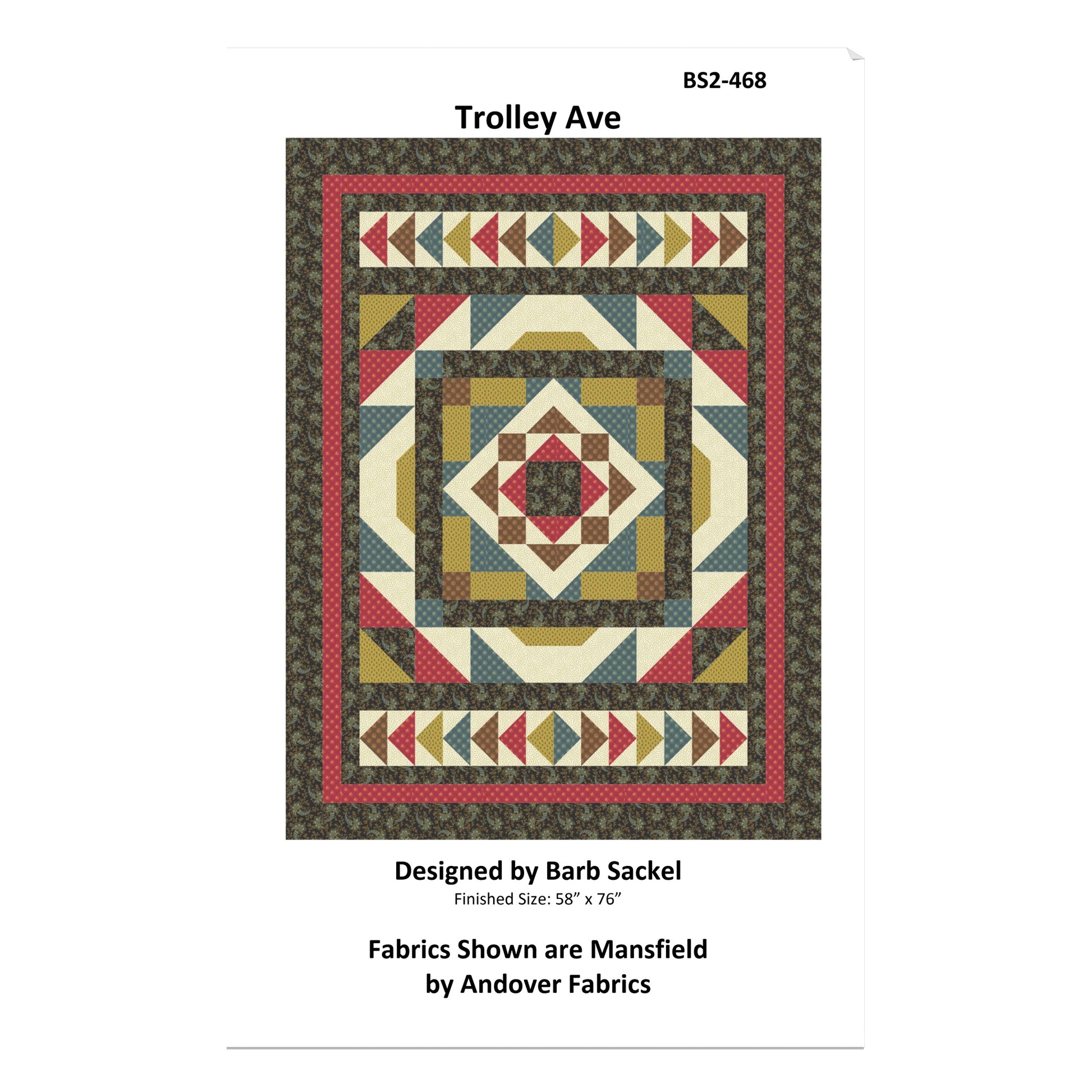 Quilt pattern cover titled 'Trolley Ave' with geometric design and fabric information.