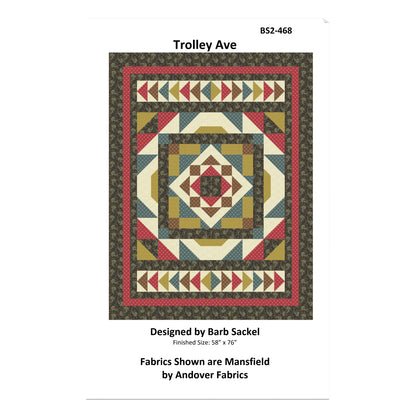 Quilt pattern cover titled 'Trolley Ave' with geometric design and fabric information.