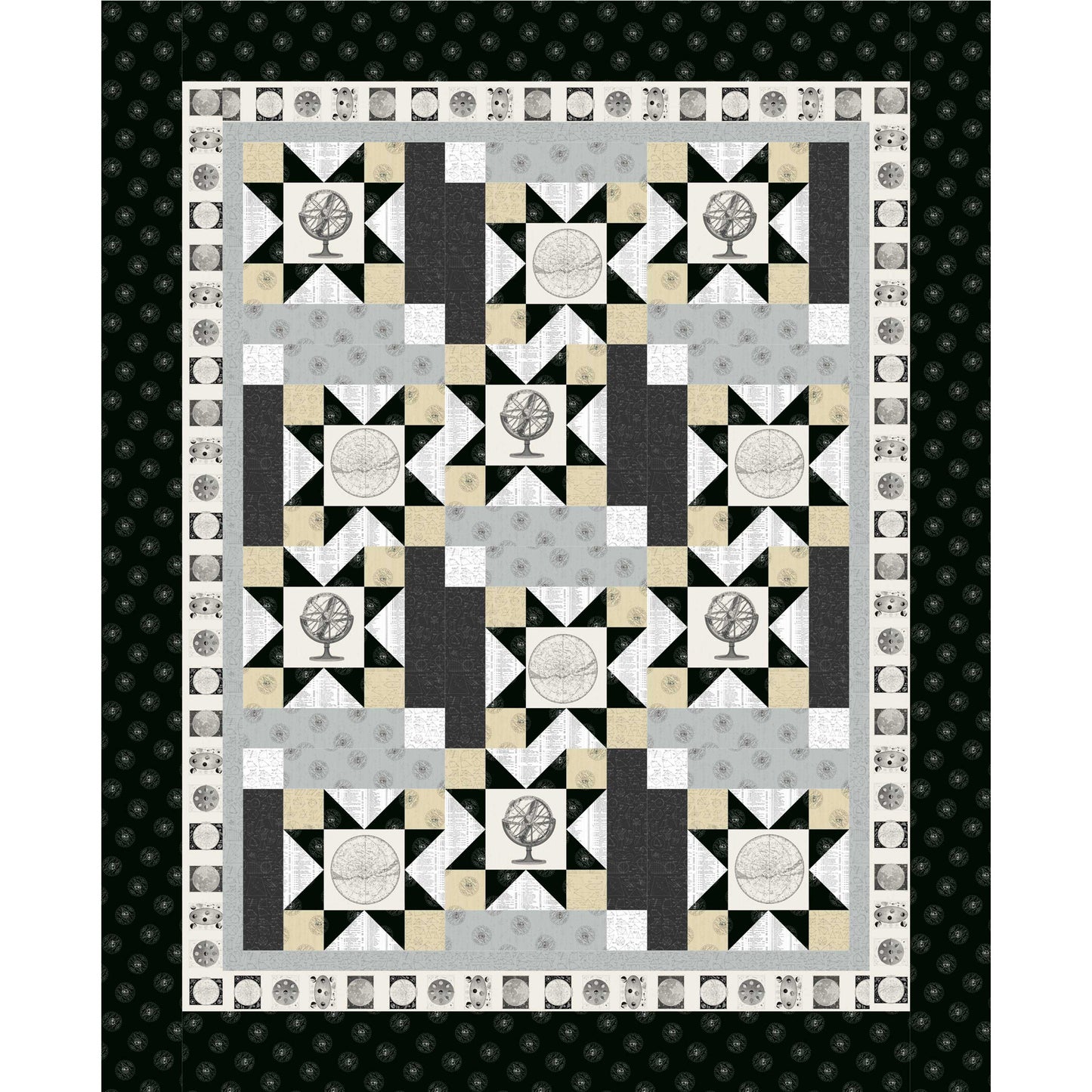 Quilt with geometric pattern on a black background